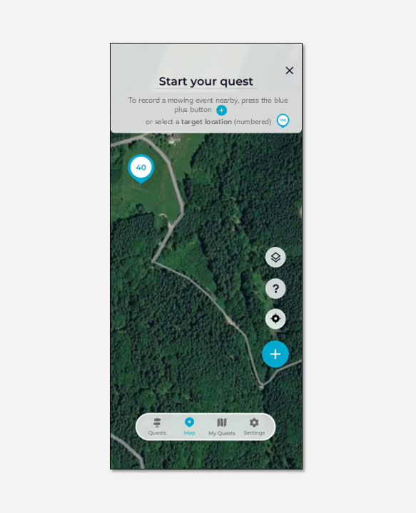 MowingQuest app showing a map for starting a quest